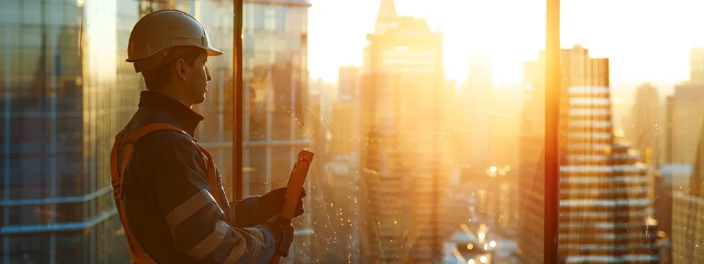 a professional window cleaner, clad in a sleek uniform, diligently scrubs sparkling glass windows against the backdrop of a sunlit urban skyline, showcasing the transformative power of seasonal maintenance.