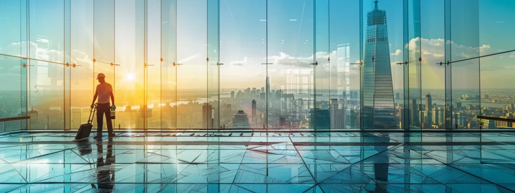 a professional window cleaner meticulously polishes a large, sunlit glass window, revealing a vibrant cityscape reflected in its pristine surface.