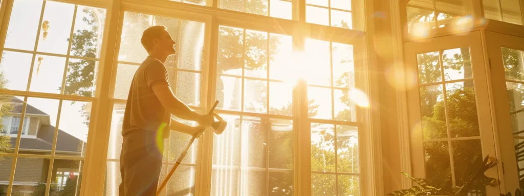 a professional window cleaner methodically cleans pristine, sunlit windows in a well-prepared home, highlighting the clarity of the glass against a backdrop of a tidy, organized interior space.