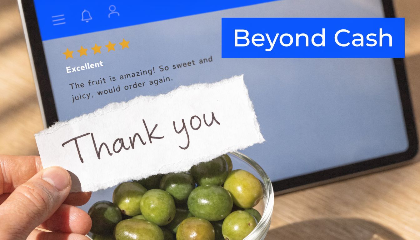 A hand holds a paper note that says Thank You in front of a bowl of olives and a digital review page.