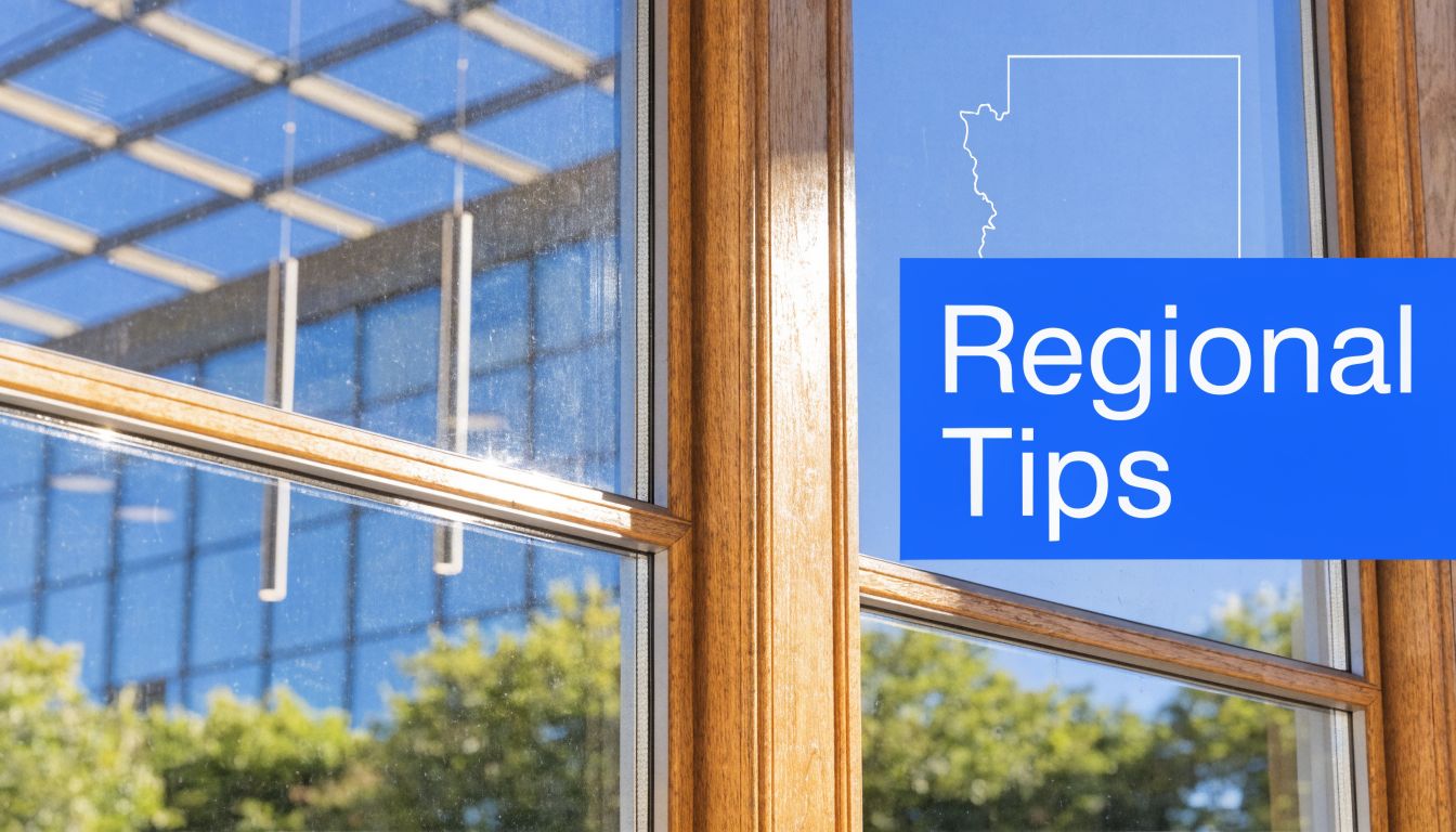 A close-up view through a wooden window frame with a graphic overlay displaying Regional Tips.