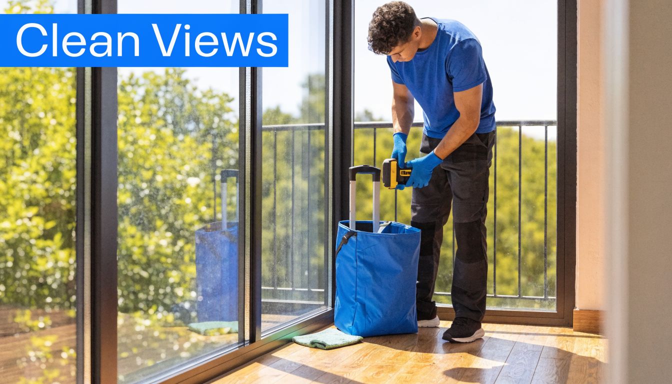 A professional cleaner wearing blue gloves inspects a window while holding a squeegee and standing near supplies.