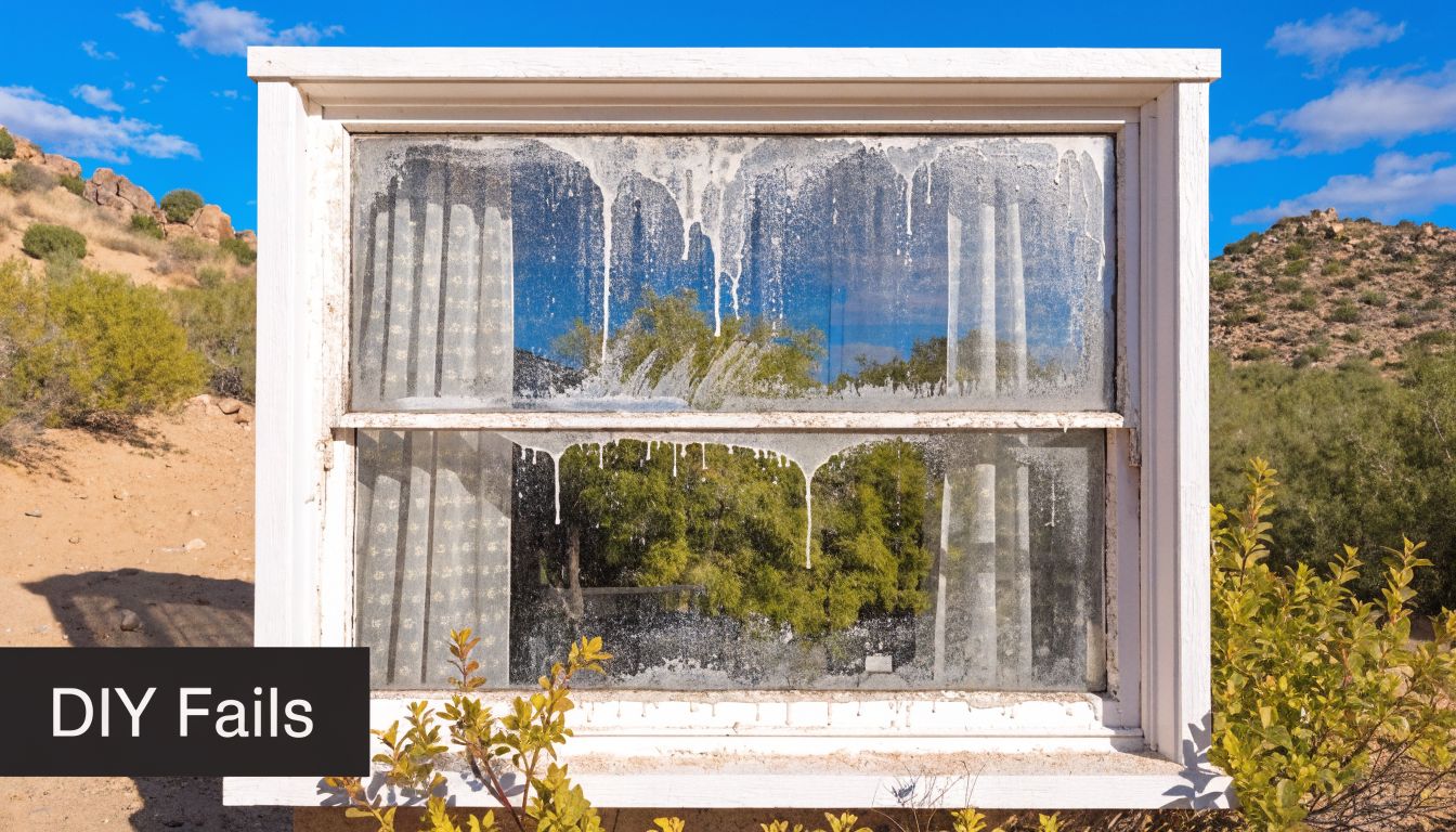 A dirty window with streaks of white residue set against a desert landscape background.