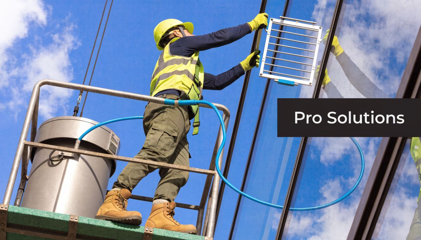 A professional worker using specialized cleaning equipment to wash the exterior windows of a high-rise building.