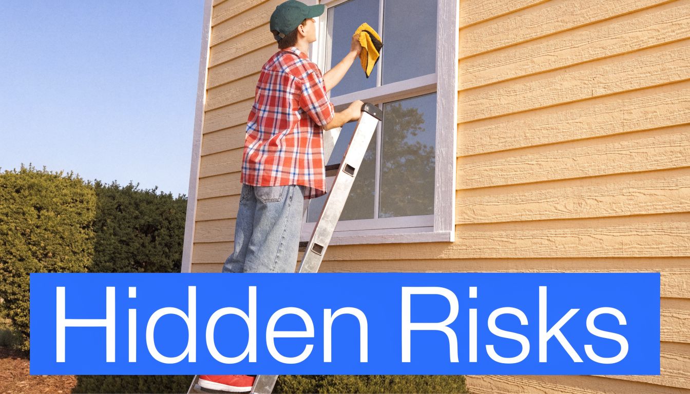 A person on a ladder cleaning a house window, illustrating potential hidden risks while performing home maintenance.