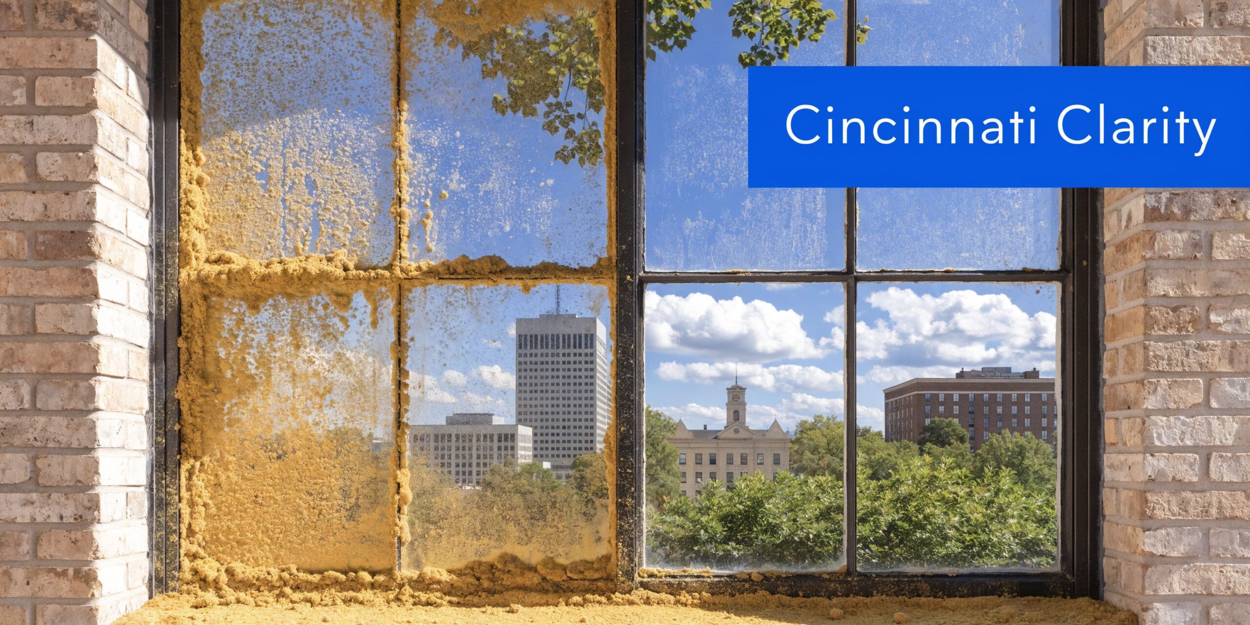 A partially cleaned window overlooking downtown Cincinnati with foam insulation visible on the uncleaned panes.