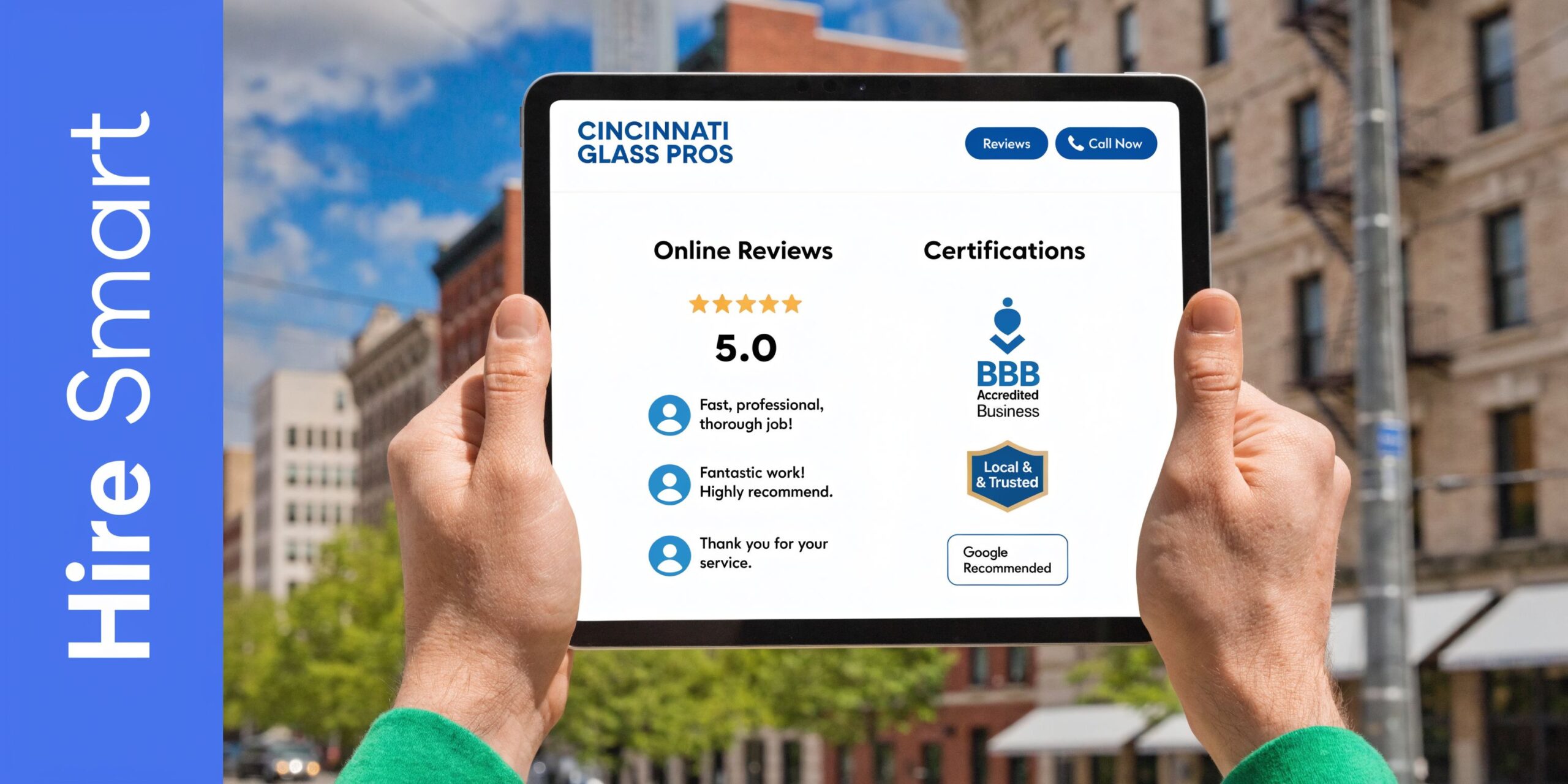 A person holds a tablet displaying positive reviews and professional certifications for Cincinnati Glass Pros services.
