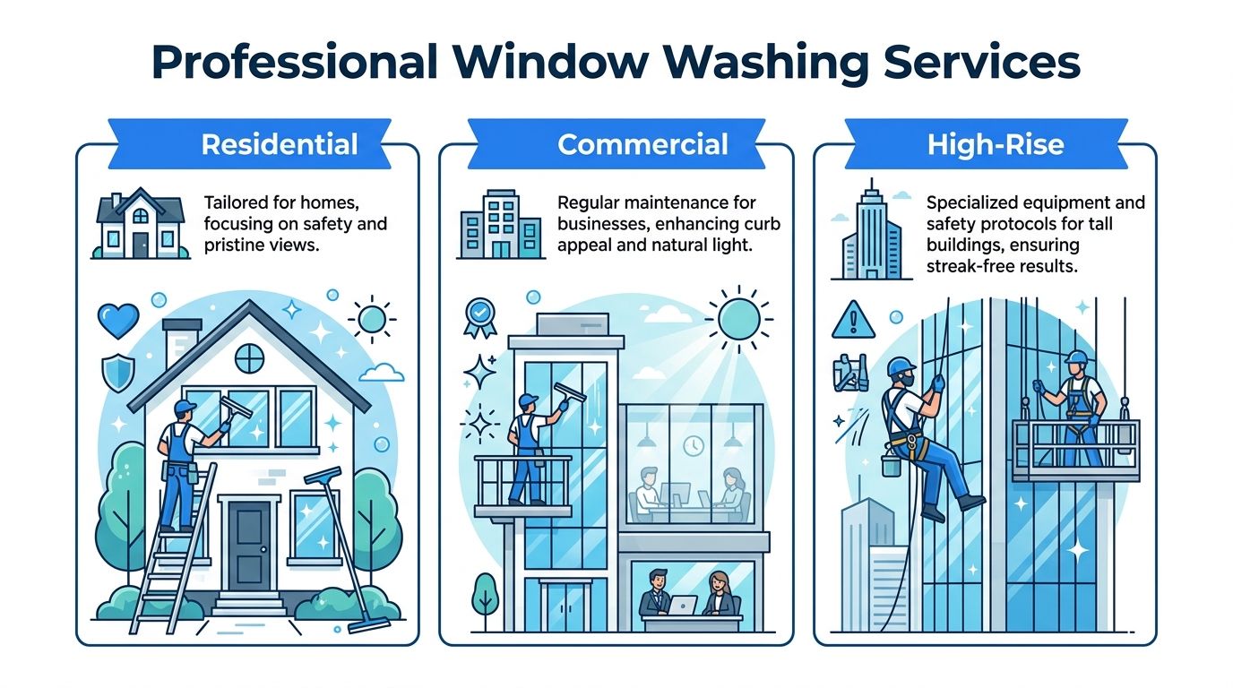 A professional infographic illustrating three types of window washing services: residential, commercial, and high-rise maintenance.
