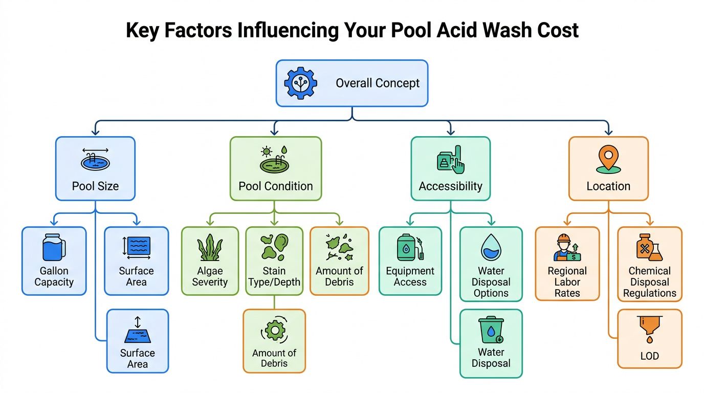 A flowchart diagram illustrating the key factors that influence the cost of an acid wash for pools.