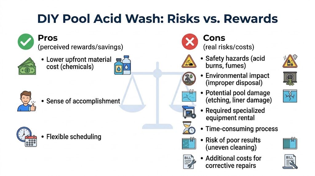 A comparison chart outlining the pros and cons of performing a DIY pool acid wash project.
