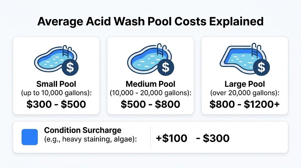 A chart detailing the average cost of acid washing pools based on pool size and condition.