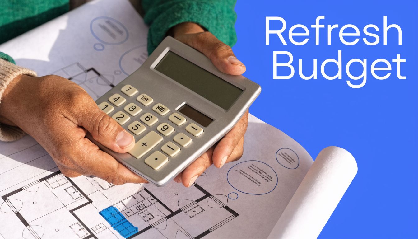 A person holding a calculator over floor plan blueprints for a home renovation or construction budget project.