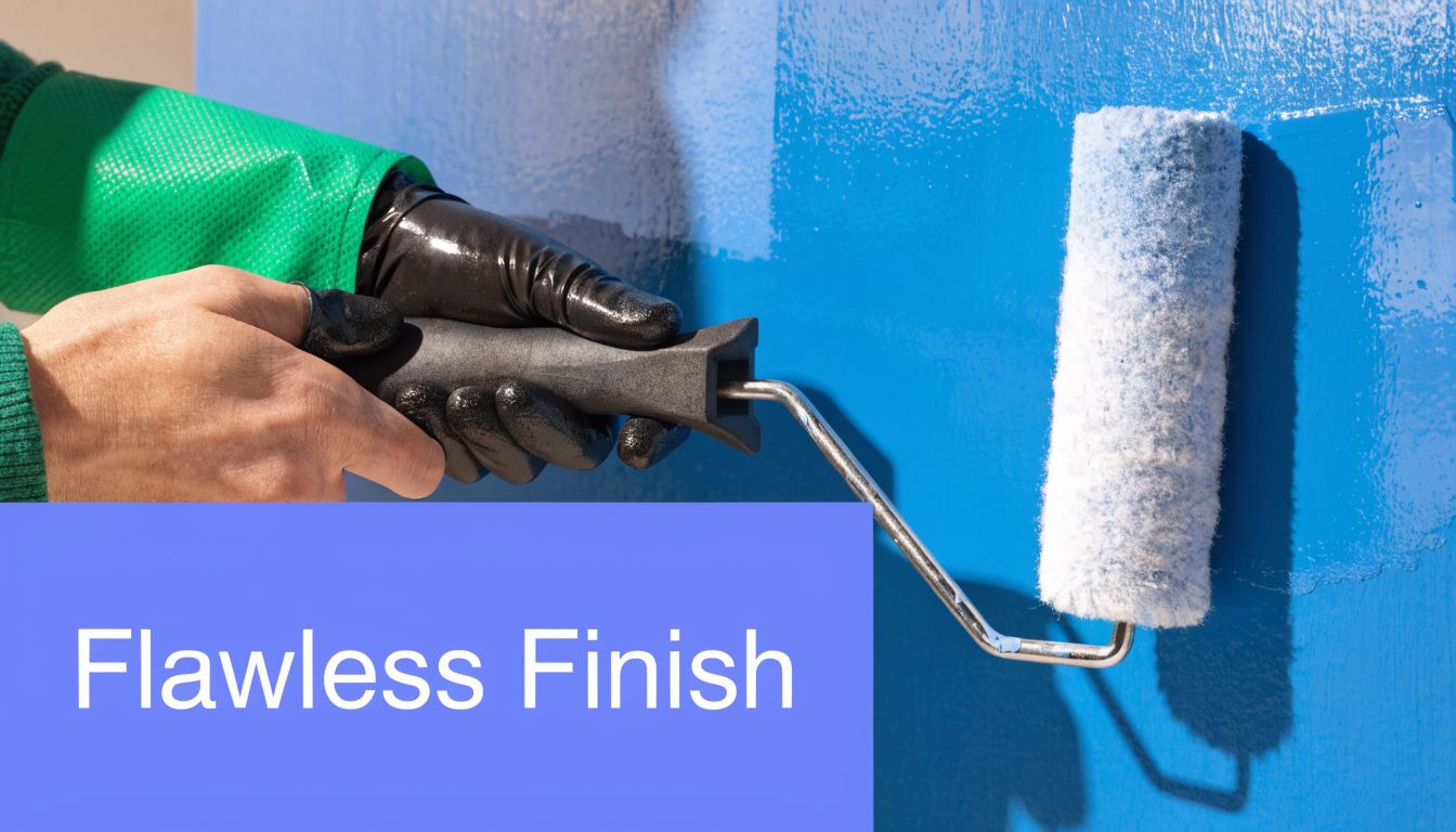 A close up view of a person wearing gloves using a paint roller on a blue wall.