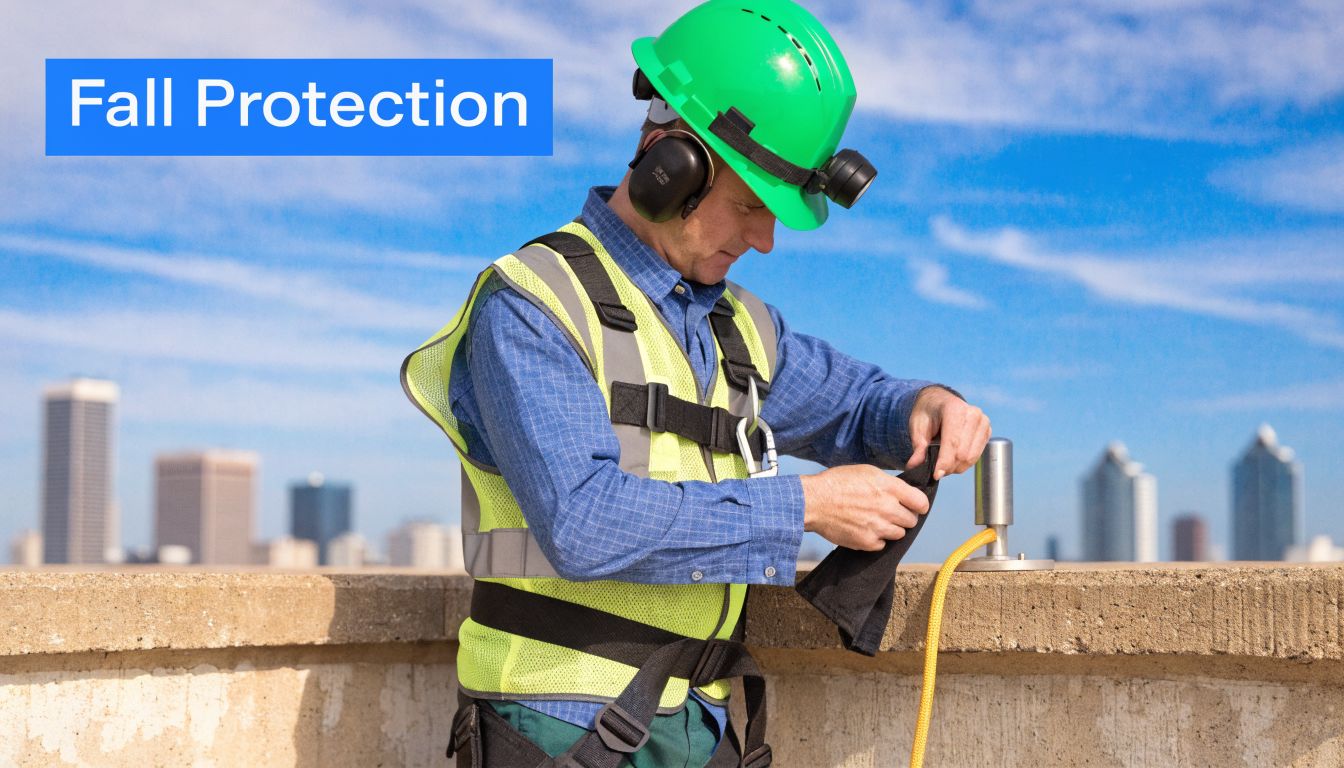 A construction worker wearing a safety harness and hard hat on a rooftop for fall protection.