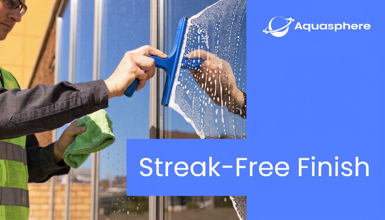 A professional window cleaner wearing a safety vest wipes a commercial window for a streak-free finish.
