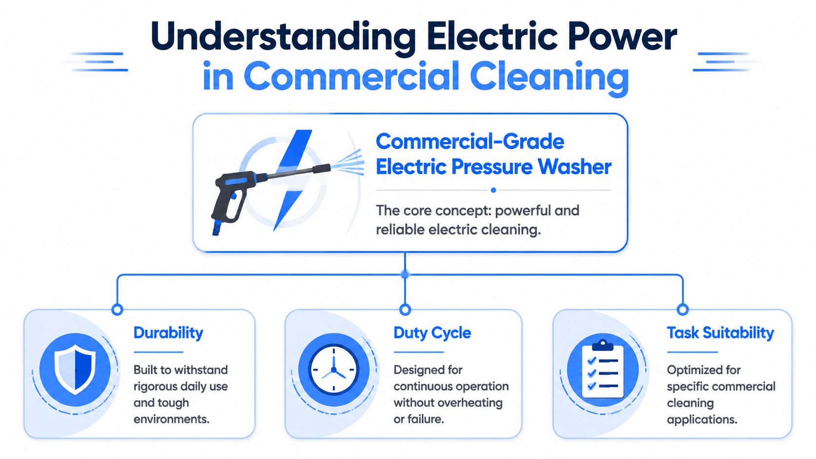 A diagram illustrating the key benefits of using a commercial-grade electric pressure washer for cleaning tasks.