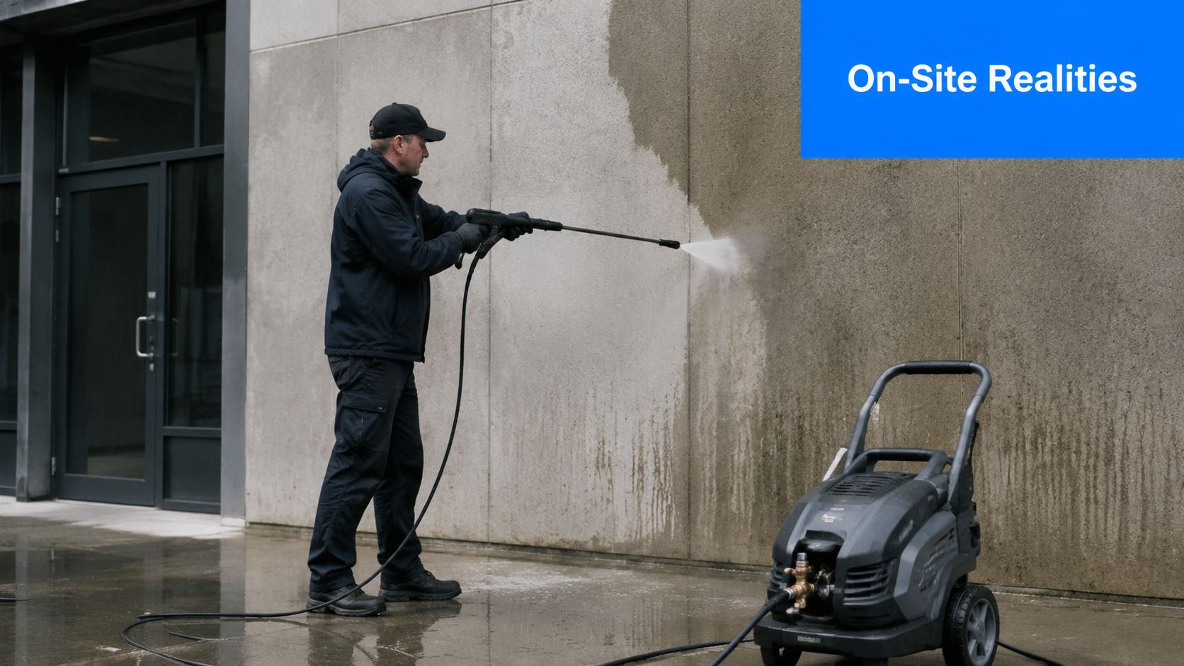 A professional worker using an electric pressure washer to clean a dirty concrete building exterior wall.