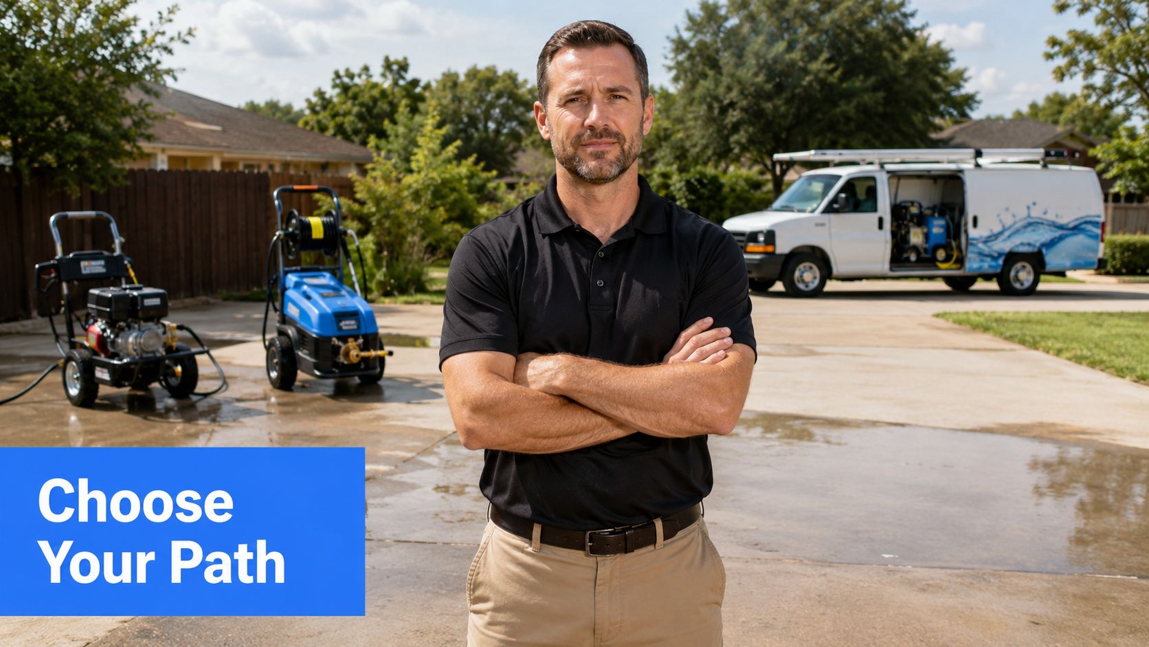A professional man in a black polo shirt standing in front of pressure washing equipment and a service van.