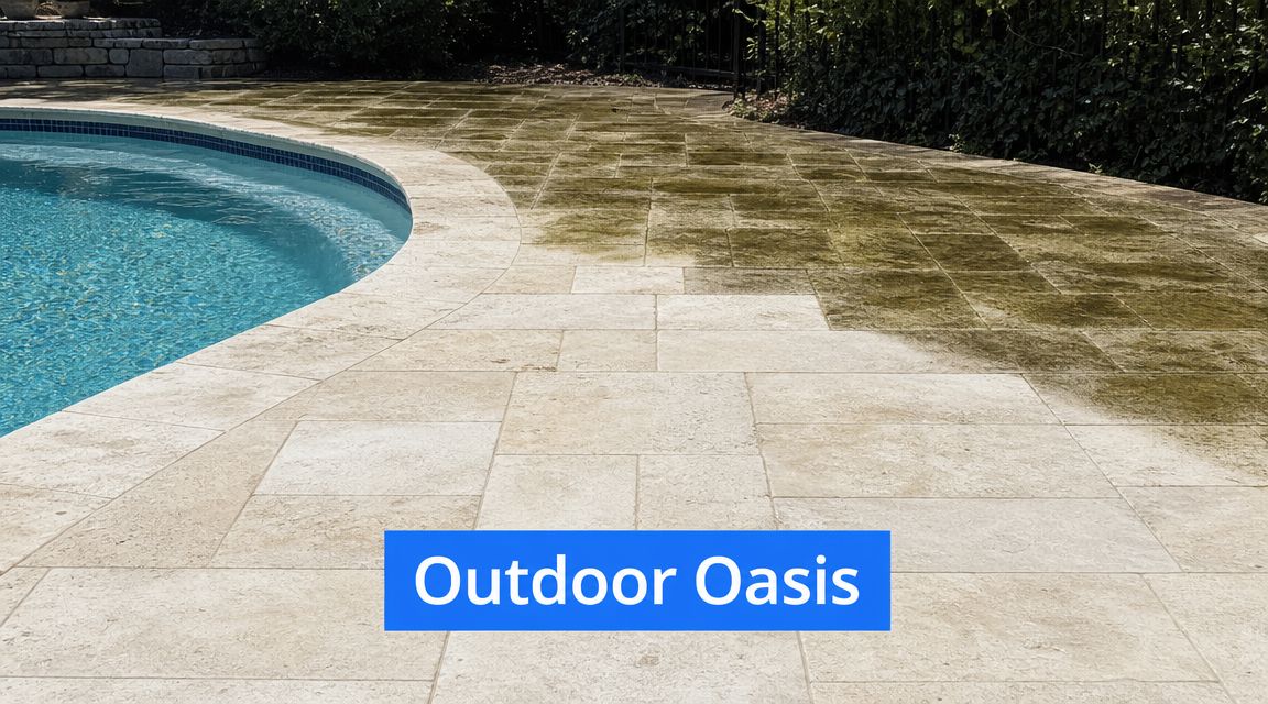 A contrast showing a stone pool deck half cleaned by pressure washing and half dirty with algae.