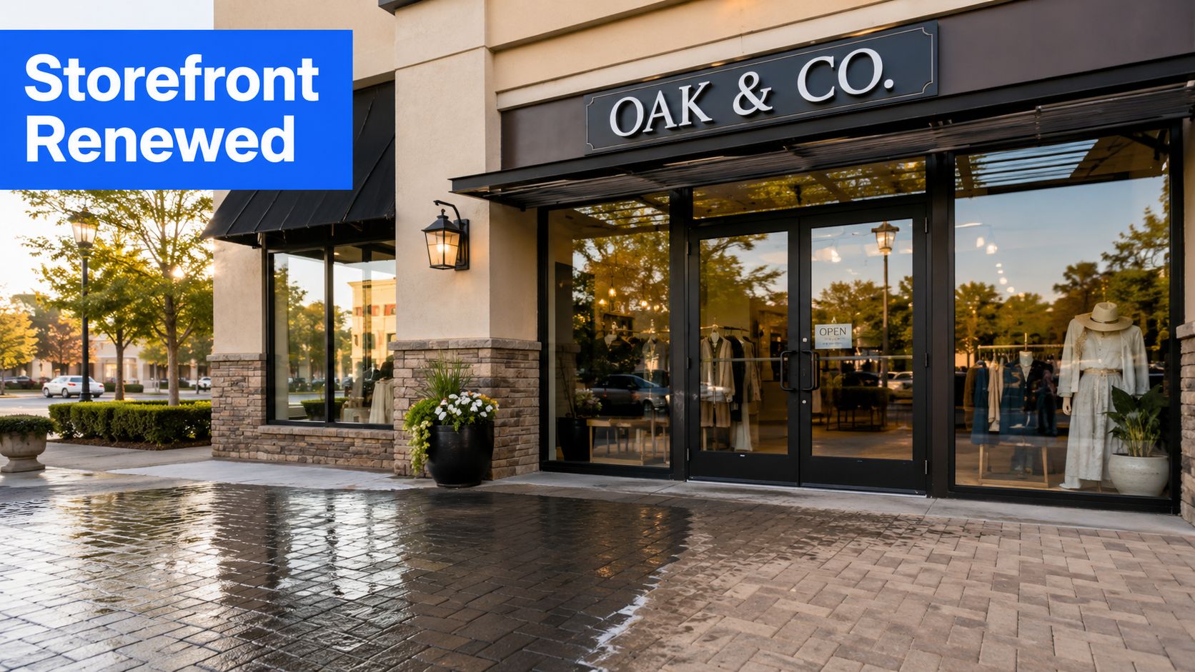 A clean, newly pressure washed storefront of a retail clothing boutique named Oak & Co.