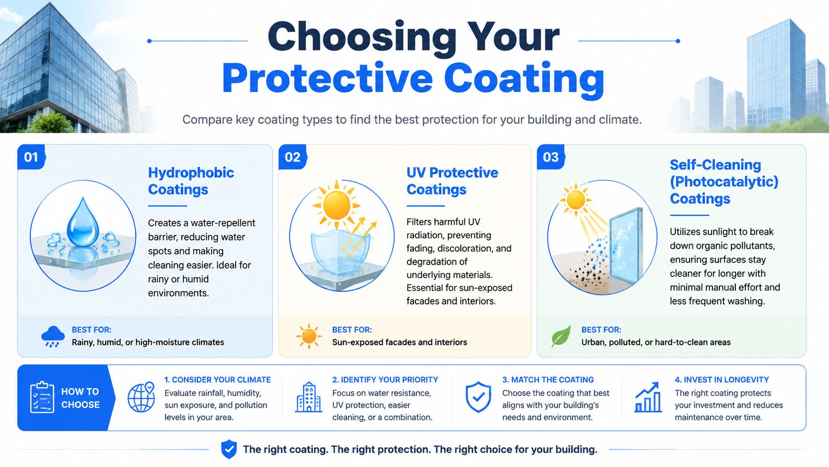 An infographic showing three types of protective coatings for buildings, including hydrophobic, UV-protective, and self-cleaning solutions.