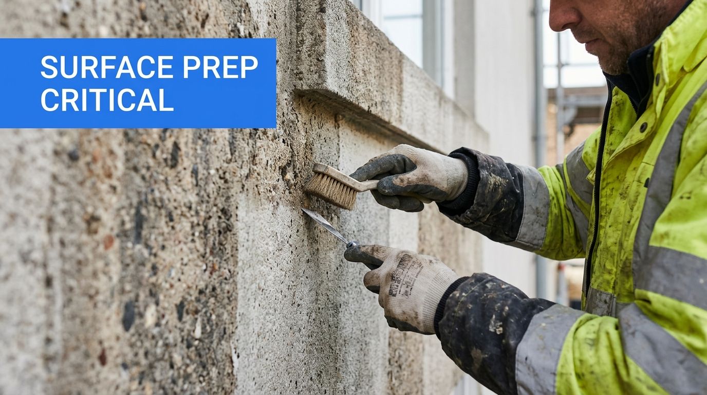 A construction worker in a high-visibility jacket carefully cleans a concrete surface with a brush and tool.