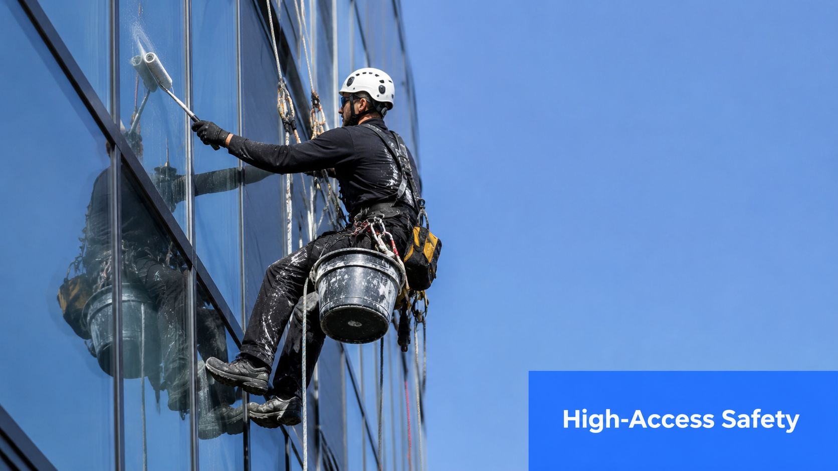 A professional rope access technician wearing a safety helmet and harness applying coating to a high-rise building window.