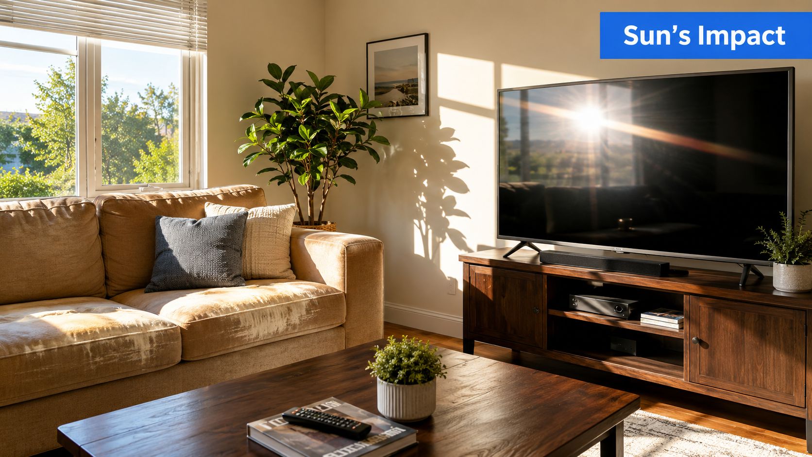 Sunlight streaming through a window creates a glare on the television screen in a bright living room.