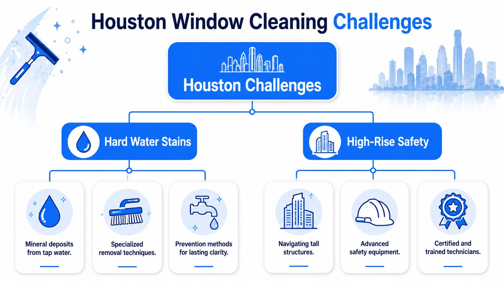 An infographic detailing common challenges of professional window cleaning services in Houston, Texas, including water stains and safety.