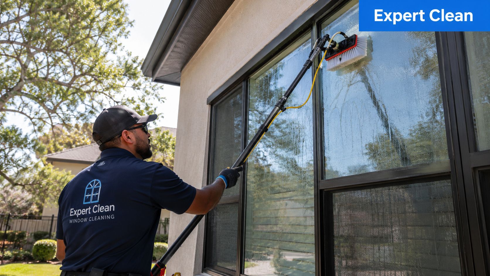 A professional window cleaner using a long extendable brush to scrub the exterior windows of a home.