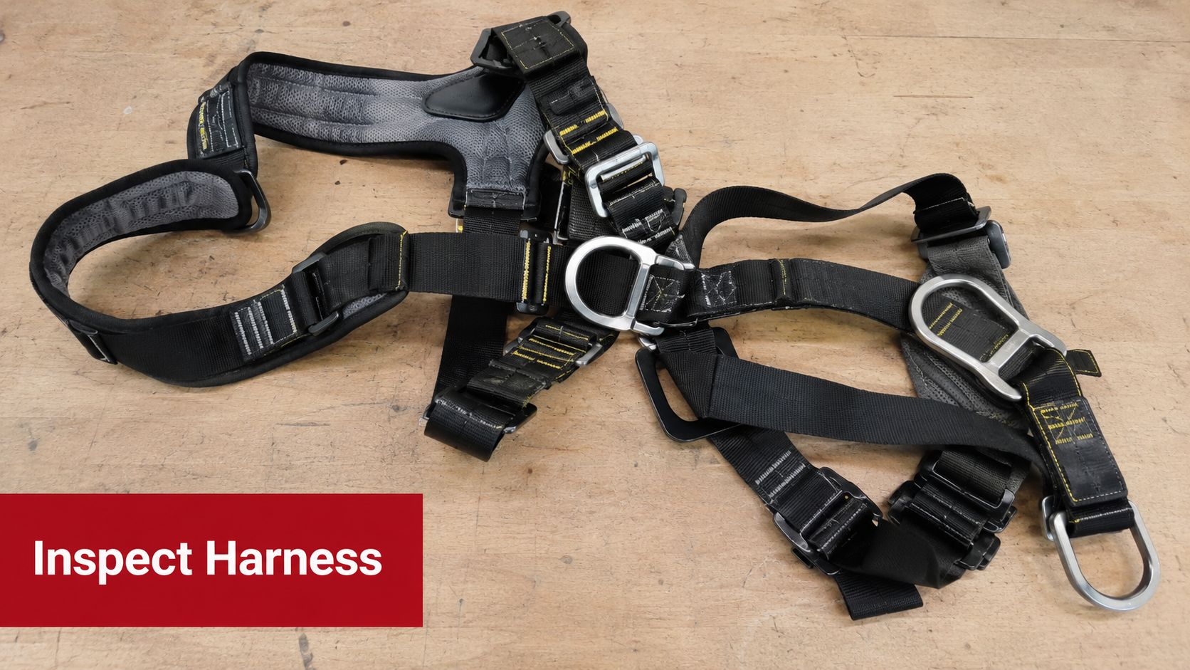 A professional construction safety harness lying on a wooden workbench for a safety equipment inspection.