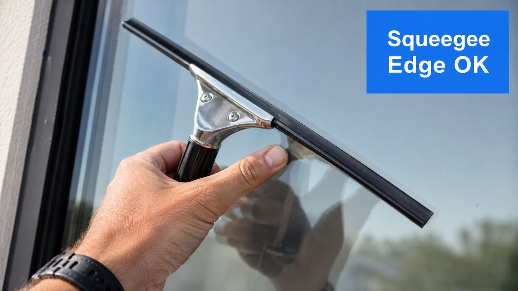 A hand holds a squeegee against a glass window to perform a professional safety and quality inspection.