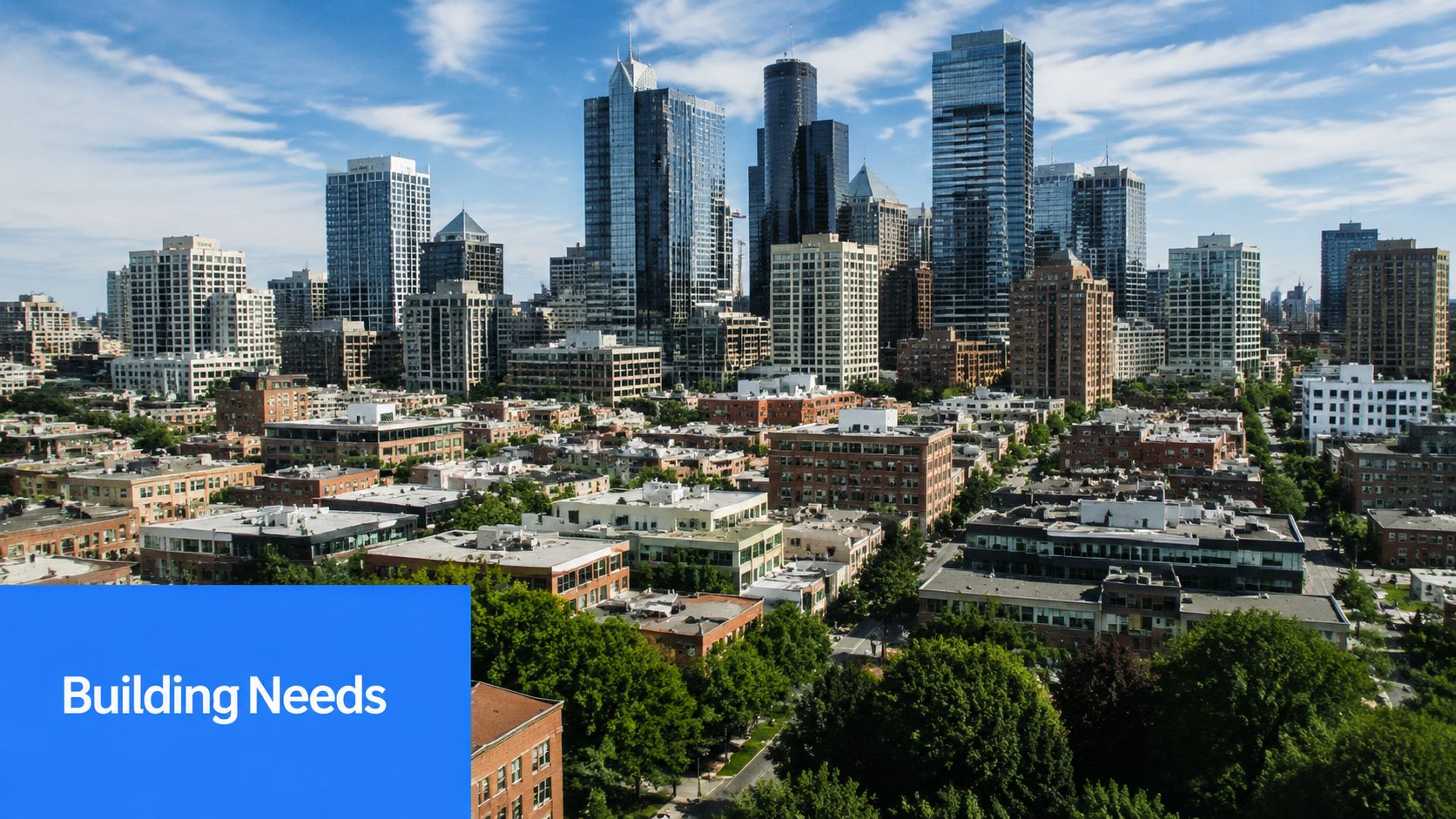 A scenic aerial view of a dense urban skyline featuring various high-rise office and apartment buildings.