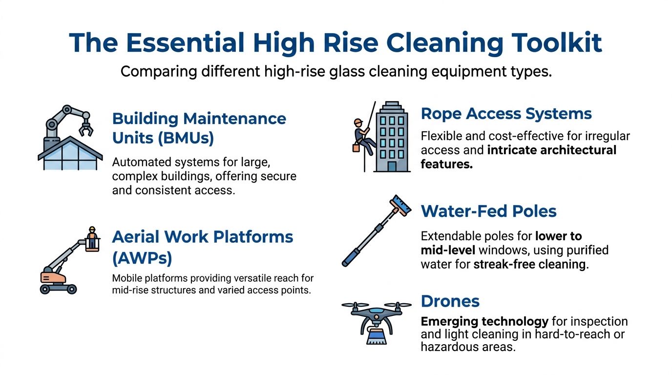 An infographic showing various types of high-rise glass cleaning equipment used for building maintenance tasks.