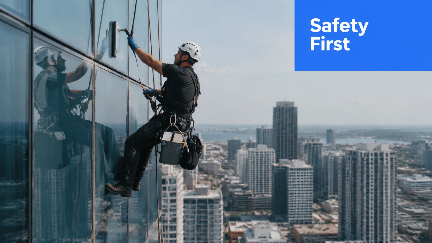 A professional window cleaner suspended by ropes cleaning a tall skyscraper glass facade in an urban area.