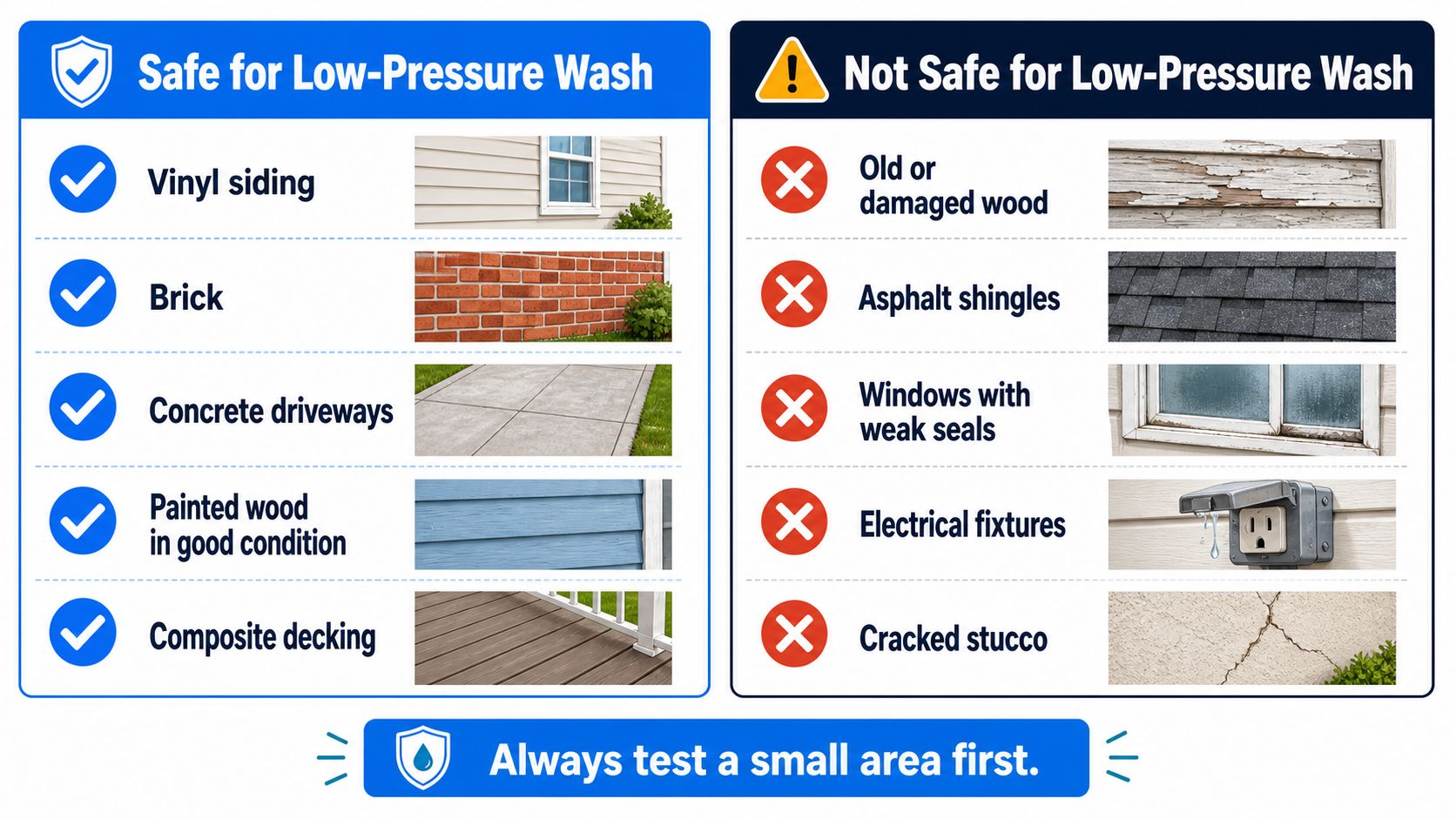 A safety infographic guide showing surfaces that are safe and unsafe for low-pressure house washing.
