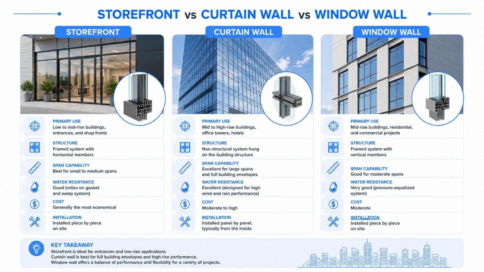 A comparison chart outlining the differences between storefront, curtain wall, and window wall architectural systems.