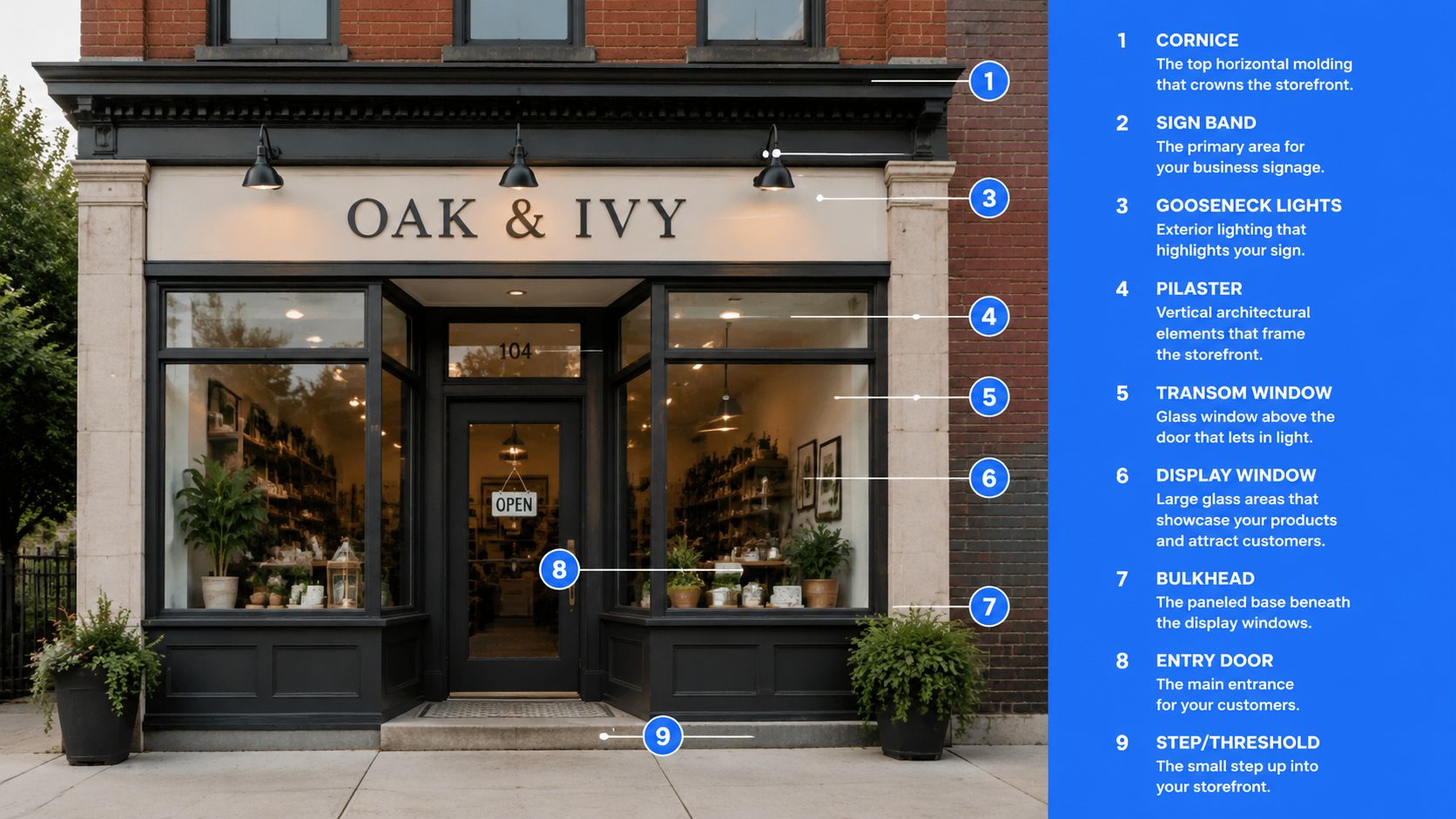 A diagram of a retail storefront exterior highlighting key architectural components like the cornice, display window, and entryway.