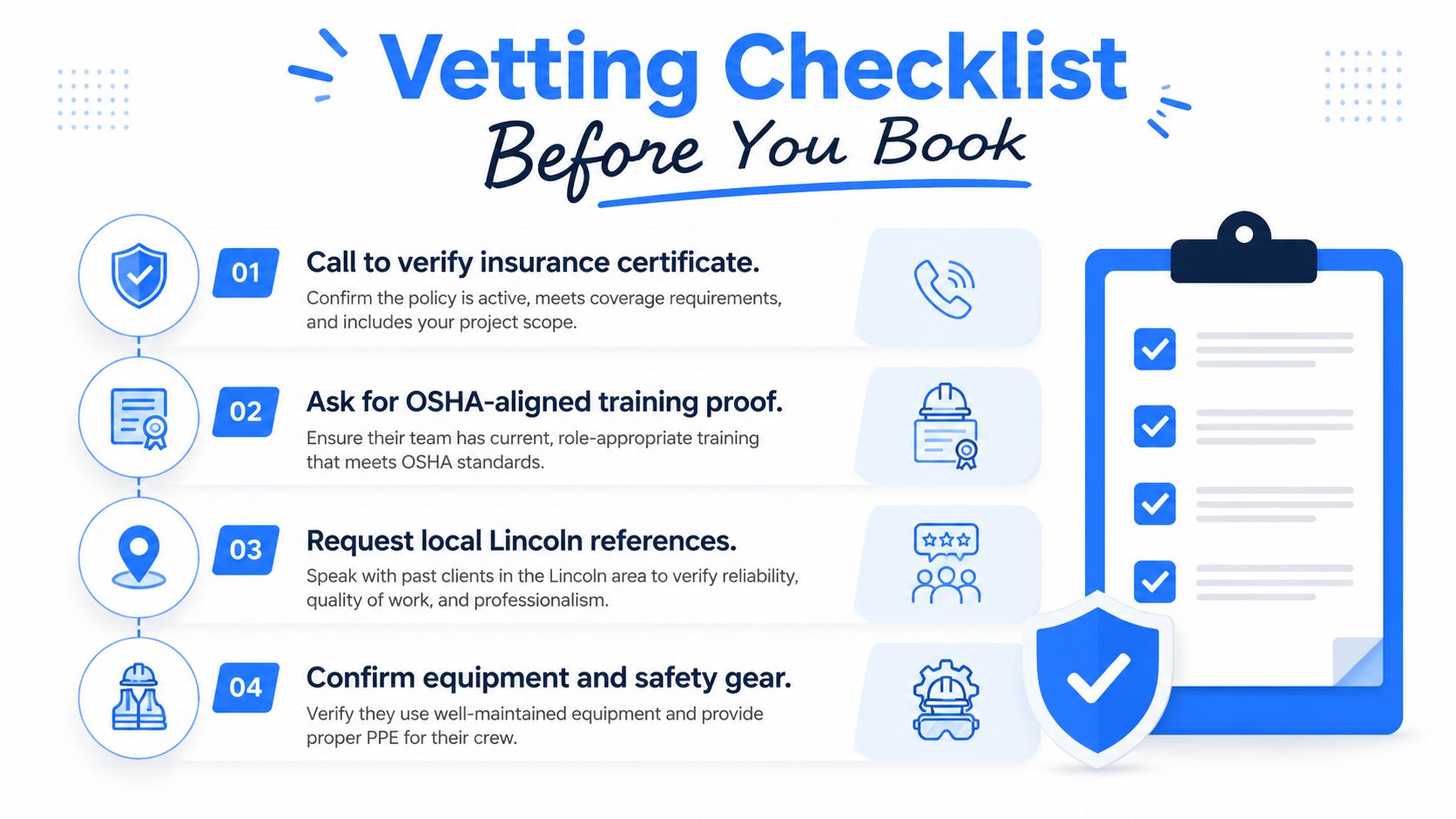 A professional infographic titled Vetting Checklist Before You Book, featuring four essential steps for hiring contractors safely.
