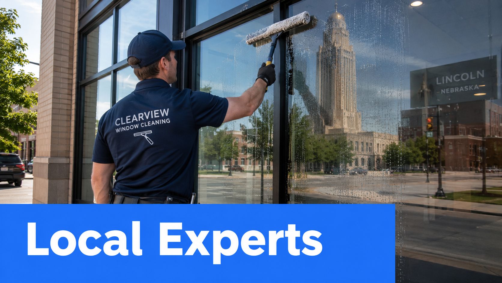 A professional window cleaner wearing a Clearview uniform cleaning a large storefront window in Lincoln, Nebraska.