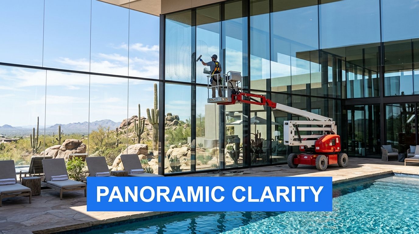 A professional window cleaner uses an aerial lift to clean large glass windows of a luxury desert home.