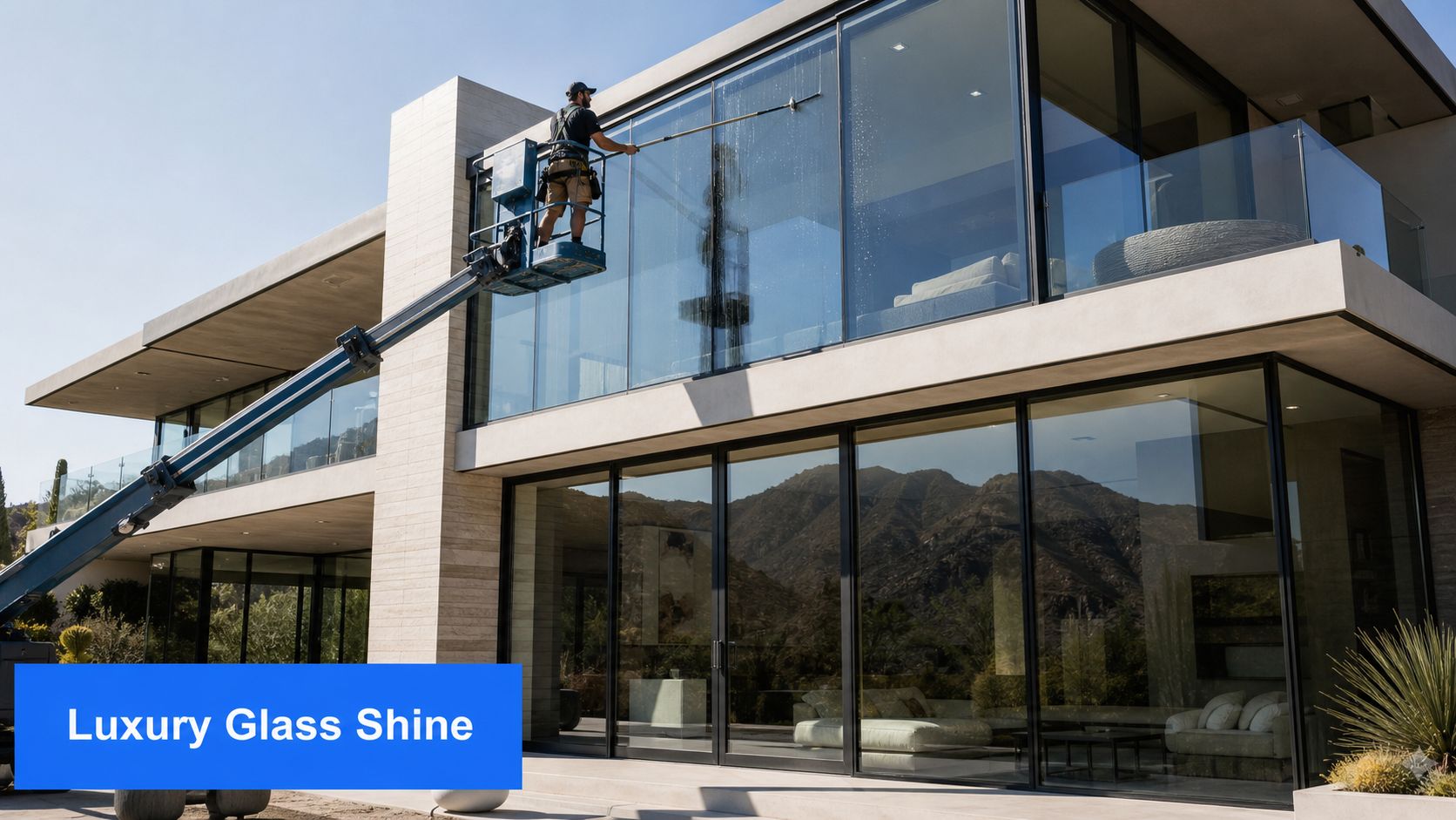A professional window cleaner using a boom lift to clean the large glass windows of a luxury residence.