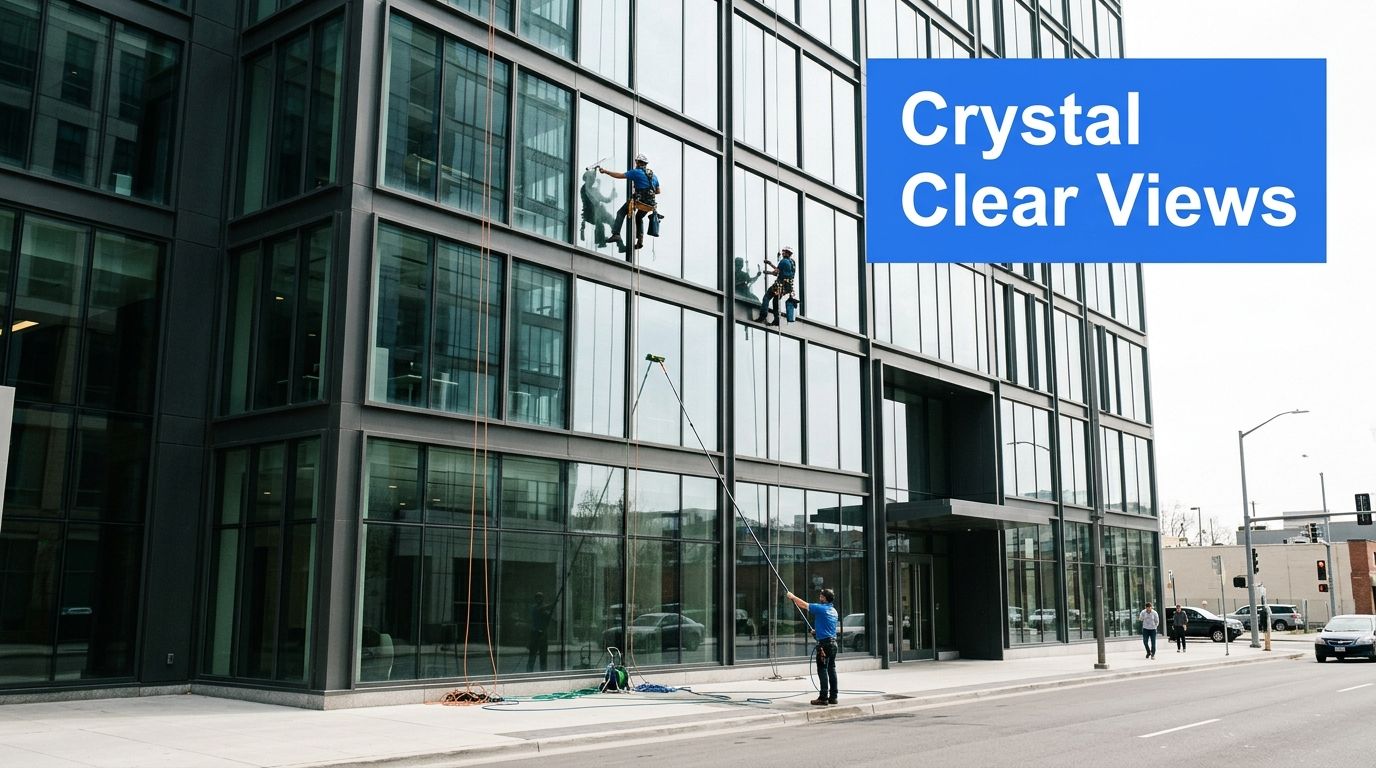 A professional window cleaning crew working on the glass exterior of a modern commercial office building.
