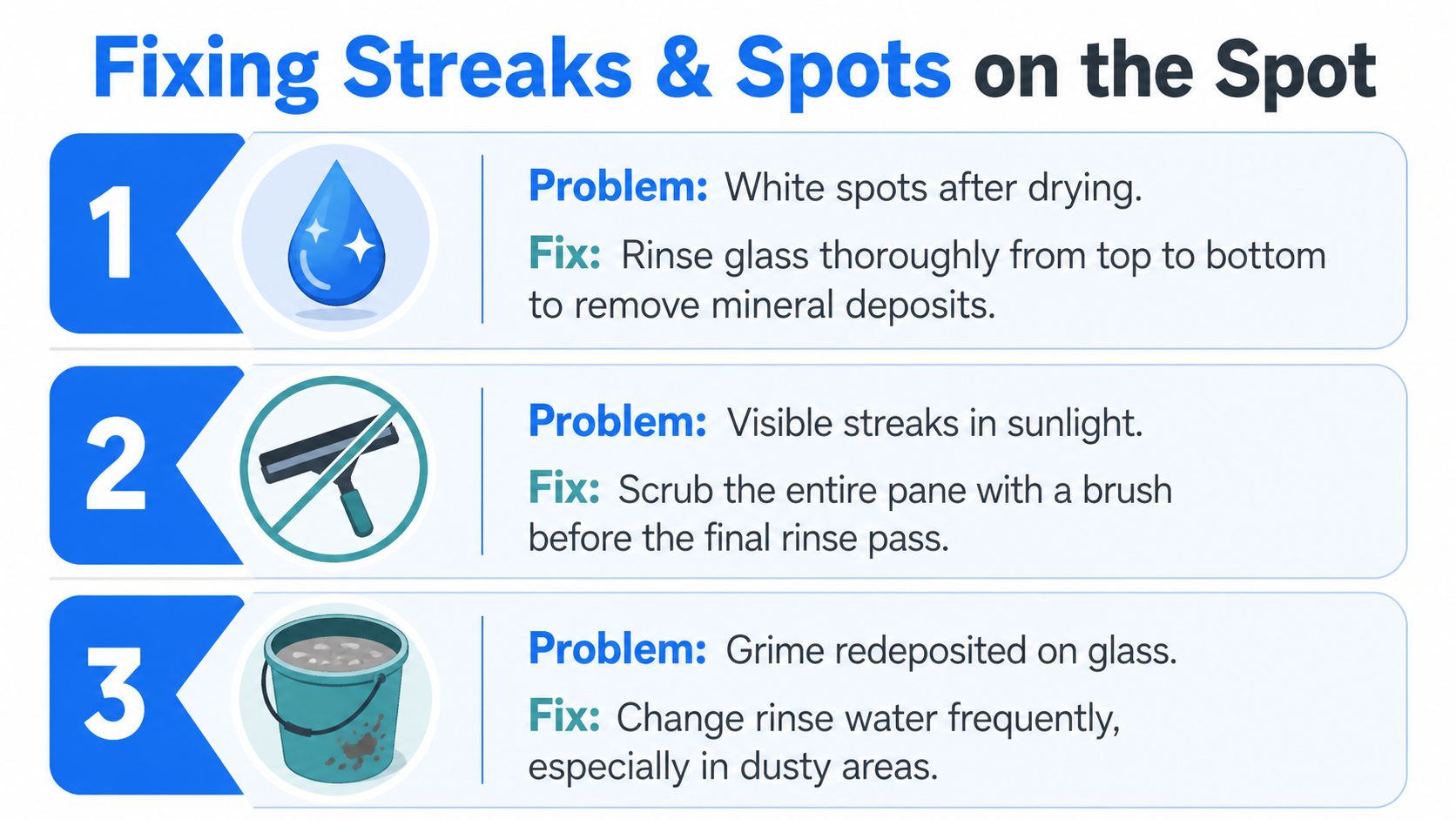 A helpful infographic titled Fixing Streaks and Spots on the Spot, displaying three tips for cleaner glass.