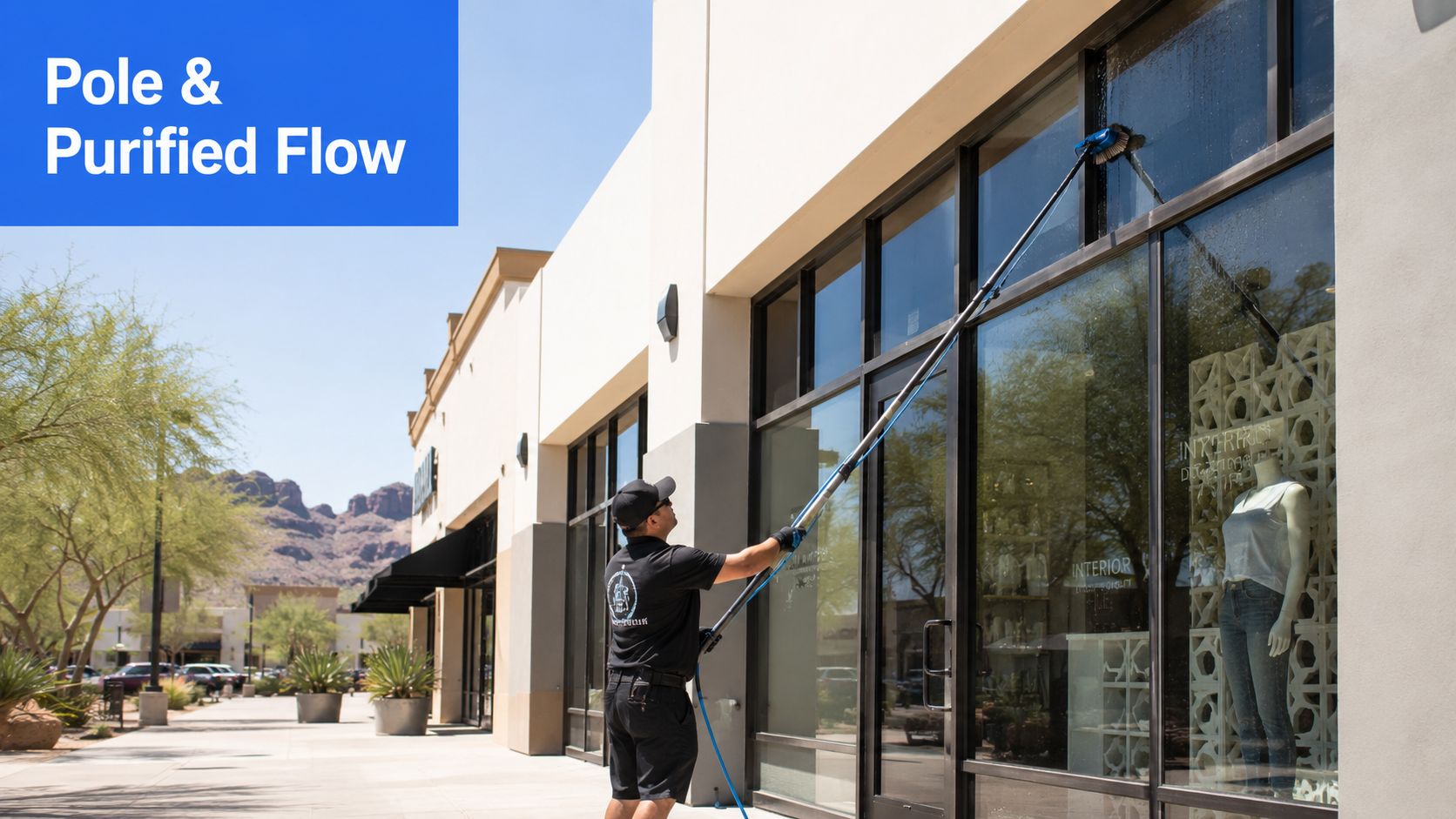 A professional window cleaner uses a water fed pole to wash glass storefront windows outside a shop.