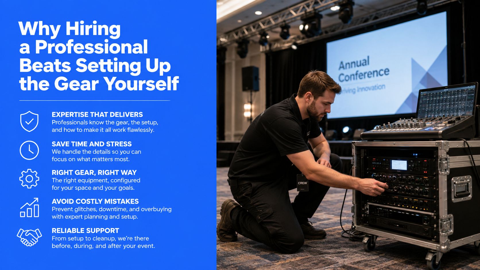 A professional audiovisual technician adjusting rack-mounted audio equipment during setup for an annual conference event.