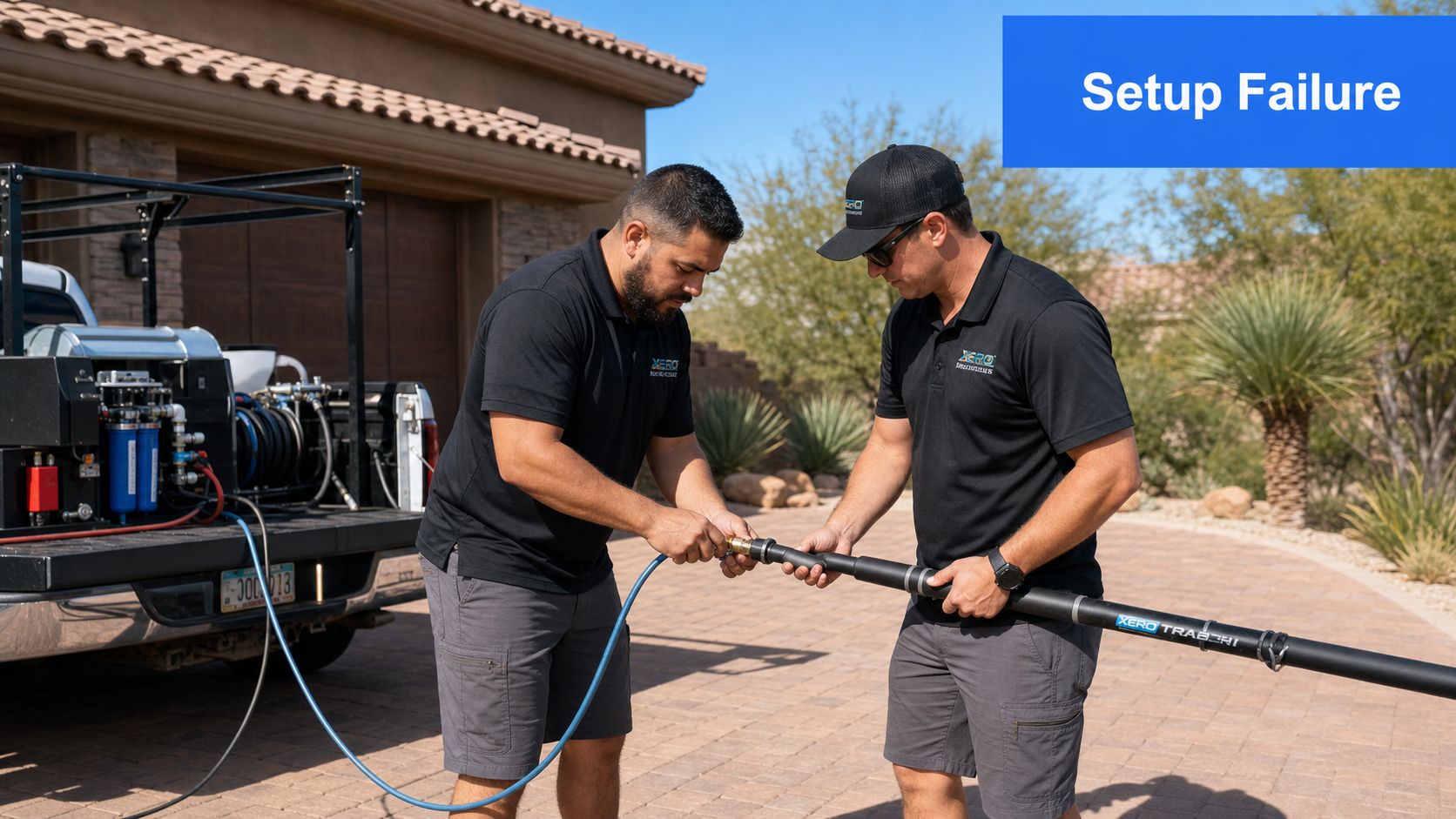 Two professional technicians in black uniforms assemble a water fed pole for window cleaning outside.