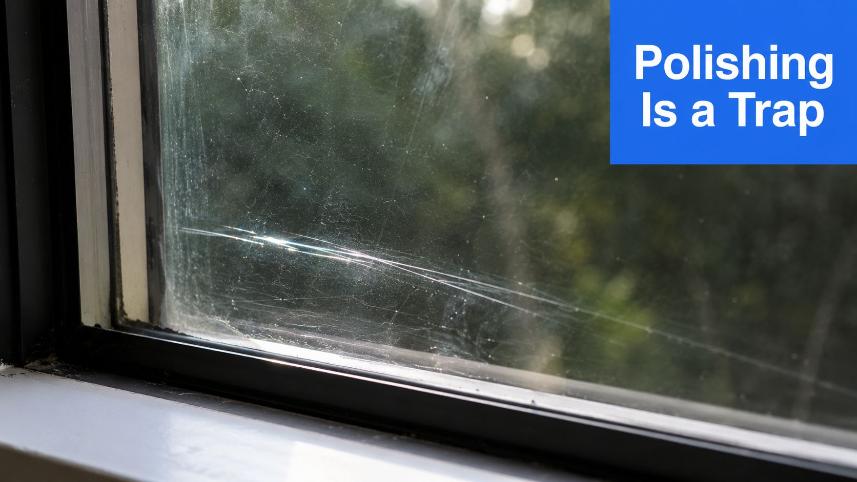 A close-up view of a scratched glass window pane with the text Polishing Is a Trap overlayed.