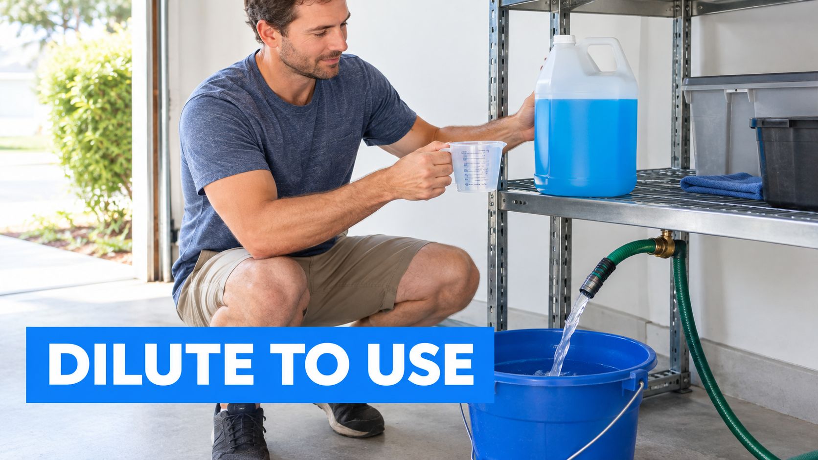 A man in a garage uses a measuring cup to dilute blue concentrated window cleaner liquid.