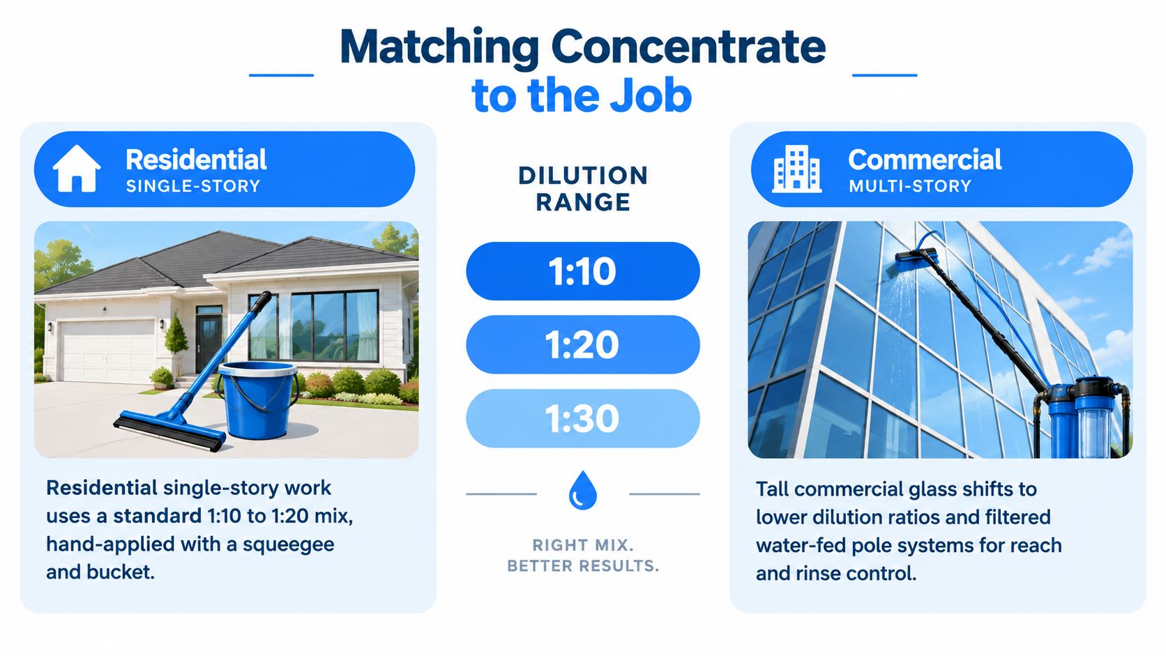 An infographic illustrating dilution ratios for window cleaning concentrate, comparing residential and commercial cleaning methods.
